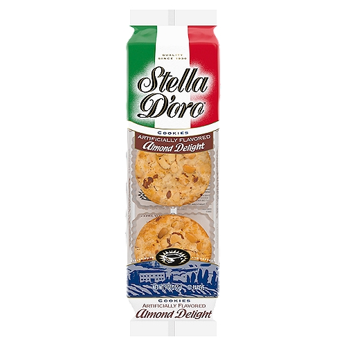 The Stella D'oro Almond Delight Cookies are a delectable treat with sliced almonds sprinkled and baked on top for a toasted flavor. That famous Italian touch brings tradition and quality to your dessert or snack plate, making them a great choice for entertaining. They are the ideal complement to your cup of coffee, or try them with ice cream or a fresh fruit for a unique dessert. Since 1930, Stella D'oro has given consumers an authentic Italian bakery experience with every bite. Today, the Stella D'oro line of high-quality products includes a delectable variety of Italian-style cookies, breakfast treats, and baked to golden perfection breadsticks.