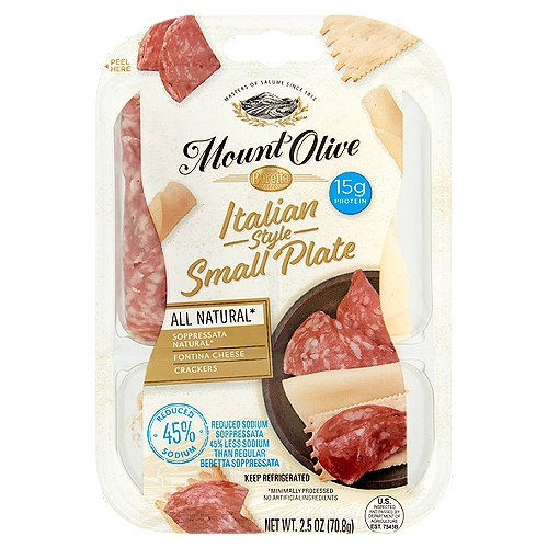 Fratelli Beretta Mount Olive Italian Style Small Plate, 2.5 oz
All Natural*
Soppressata Natural*
Fontina Cheese
Crackers
*Minimally Processed No Artificial Ingredients