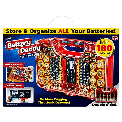 Battery Daddy Battery Storage System
No More Digging Thru Junk Drawers!
• Holds 180 batteries - 76 AAs, 72 AAAs, (8) 9 Volt, 10 Cs, 8 Ds & 12 button cells
• Clear 'easy view' cover - See all your batteries at once
• Sturdy carry handle - Take batteries anywhere
• Secure heavy-duty latches