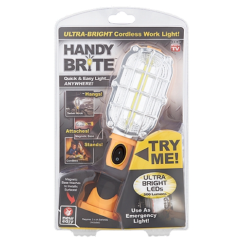 Handy Brite Ultra-Bright LEDs Cordless Work Light
Hands Free
Hang it, attach it, stand it!
Cordless
No messy wires - hassle free!
Heavy Duty
Built to last!

Great for:
• Car repairs
• Camping
• Garages
• Emergencies
• & more!