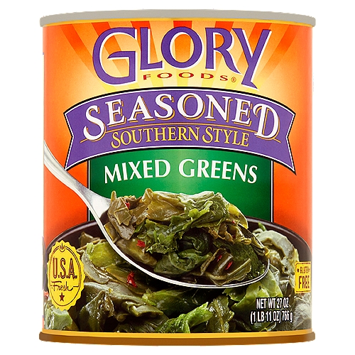 Glory Foods Seasoned Southern Style Mixed Greens, 27 oz
Glorious Quality
Our healthy, delicious Mixed Greens are seasoned with the finest ingredients for unmatched Southern flavor. Glory Foods stands for old-fashioned Southern quality.