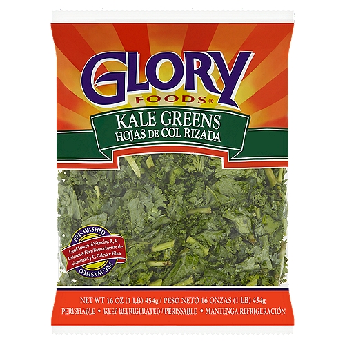 Glory Foods Kale Greens, 16 oz
Southern Food with a Soulful Heritage
Glory Foods® greens are fresh picked at the peak of their flavor and nutrients, washed, bagged and ready to cook. Fresh food. Fast. Because Glory Foods knows you'd rather spend your time eating a home-cooked meal that nurtures the soul than preparing one.