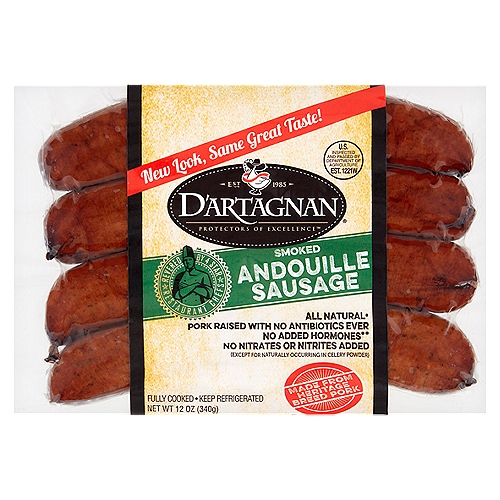 D'Artagnan Smoked Andouille Sausage, 12 oz
All Natural*
*Minimally Processed/No Artificial Ingredients

No Added Hormones**
** Federal Regulations Prohibit the Use of Hormones in Pork

Our Smoked Andouille Sausage is made in small batches using the highest quality ingredients to deliver the richest flavor and freshness. Try it in gumbo, jambalaya, rice and pasta dishes, or on skewers with shrimp or scallops.