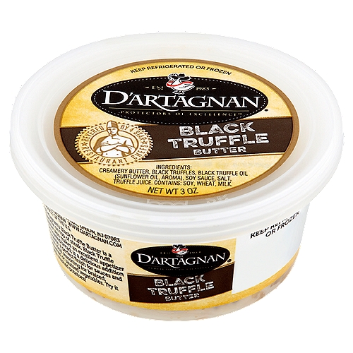D'Artagnan Black Truffle Butter, 3 oz
D'Artagnan's Black Truffle Butter is a favorite on top of steak. Black Truffle Butter also makes an excellent appetizer on toasted bread; is a delicious addition to pasta; a perfect finish for sauces and is an ideal seasoning for braised, steamed or sautéed vegetables.