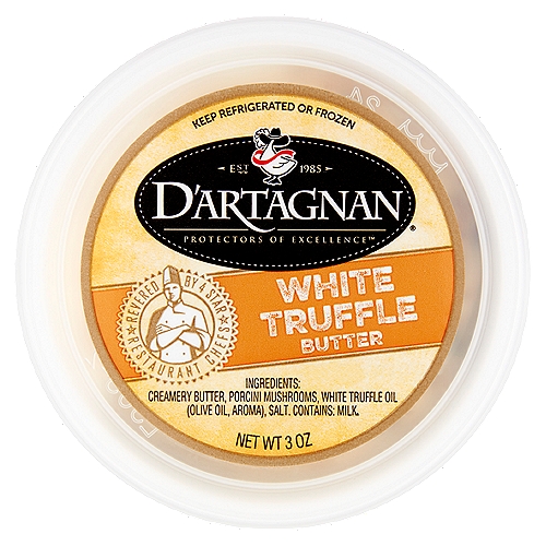 D'Artagnan White Truffle Butter, 3 oz
D'Artagnan's White Truffle Butter is a favorite on top of fish. White truffle butter also makes an excellent appetizer on toasted bread; is a delicious addition to pasta and rice; a perfect finish for sauces and is an ideal seasoning for braised, steamed or sautéed vegetables. Try it with mashed potatoes or risotto!