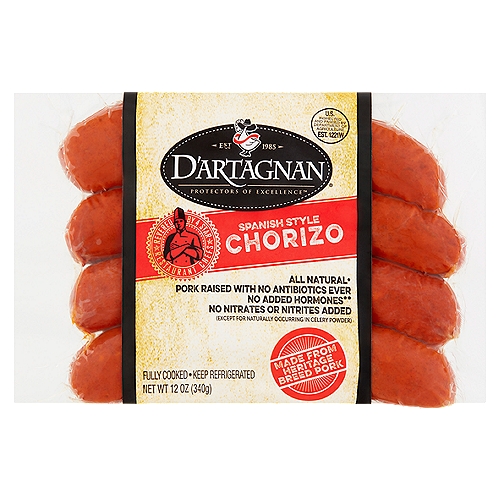 D'Artagnan Spanish Style Chorizo, 12 oz
All Natural*
*Minimally Processed/No Artificial Ingredients

No Added Hormones**
** Federal Regulations Prohibit the Use of Hormones in Pork

Our Chorizo is made in small batches using the highest quality ingredients to deliver the richest flavor and freshness. Try it grilled, sautéed with peppers and onions, or in paellas, soups or stews.