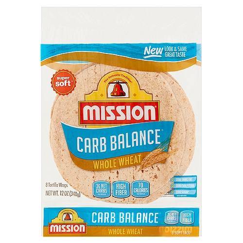 Mission Carb Balance Whole Wheat Soft Taco Tortilla Wraps, 8 count, 12 oz
Super soft™

Zero Sugar*
*not for weight control

We've balanced high fiber whole wheat with lower carbs and zero sugar for a wholesome, great tasting soft tortilla wrap that you can feel good about eating.
Living an active lifestyle means making smart choices that you can feel good about. Our delicious high fiber, lower carb whole wheat tortilla wraps are the perfect choice. So get wrapping and enjoy these tasty tortillas with all your favorite recipes!