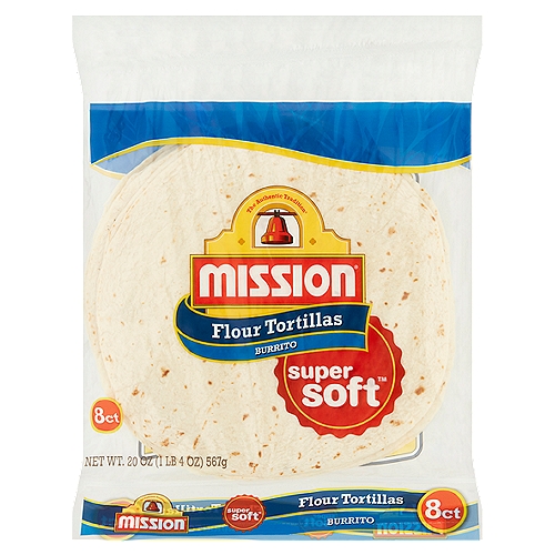 Mission Burrito Flour Tortillas, 8 count, 20 oz
The Authentic Tradition®

Super soft™

Enjoy the freshly baked taste of Mission® Tortillas. Soft and delicious, our tortillas are great for all kinds of meals and snacks, from fajitas to wraps! What do you want in your Mission® Tortilla?
