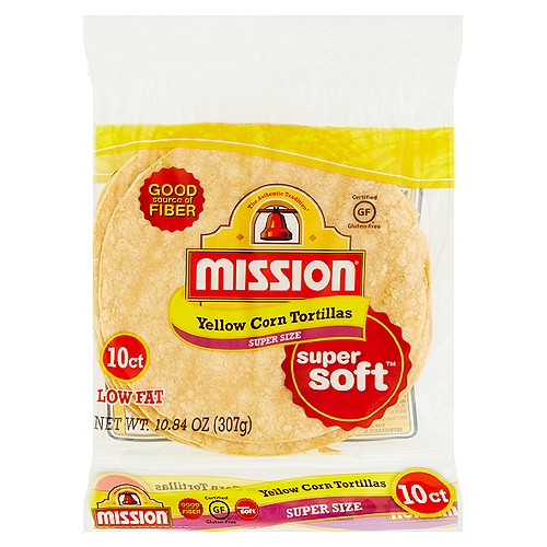 Mission Yellow Corn Tortillas Super Size, 10 count, 10.84 oz
The Authentic Tradition®

Super soft™

Enjoy the freshly baked taste of Mission® Tortillas. Soft and delicious, our tortillas serve up the authentic taste of Mexico because they are made with the highest quality corn masa flour.