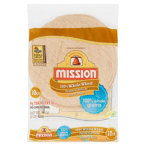 Mission 100% Whole Wheat Soft Taco Flour Tortillas, 10 count, 16 oz
Enjoy the freshly baked taste of Mission® Tortillas. Soft and delicious, our tortillas are great for all kinds of meals and snacks, from fajitas to wraps! What do you want in your Mission® Tortilla?