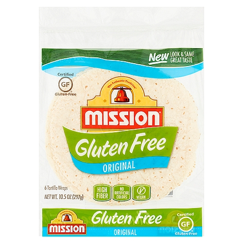 No gluten? No problem! High in fiber, vegan, and with no artificial colours, our gluten-free tortillas are simply delicious.nnOur delicious gluten-free tortilla wraps have all the great Mission® flavor that you love without any artificial colors. So, leave your gluten worries behind with these tasty, satisfying and better-for-you tortilla wraps that you can feel great about eating. Just heat them up and enjoy with your favorite recipes.