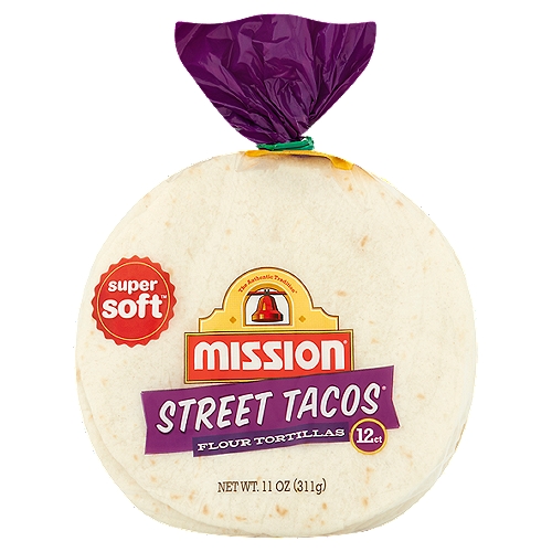Mission Street Tacos Super Soft Flour Tortillas, 12 count, 11 oz
Authentic Street Tacos are now available in your kitchen! Try Mission® Street Tacos Flour Tortillas to get your fiesta started. Perfect for taco sliders, mini taco cups, or any other fun and delicious meal or snack. Mission® Street Tacos Flour Tortillas pack a freshly baked taste and a bold attitude perfect for any Mexican meal! 