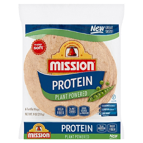 Mission Protein Plant Powered Tortilla Wraps, 6 count, 9 oz
Super soft™

Zero Sugar*
*not for weight control

Packed with flavor and plant-based protein, our delicious, high fiber, lower carb tortilla wraps are a perfectly balanced blend of great taste and nutrition.

Do you know not all proteins are created equal?
Our plant-powered tortilla wraps are a good source of protein meaning they are packed with high quality pea protein. Just one serving provides 10% of the recommended daily value, and is full of essential nutrients and amino acids to fuel an active lifestyle. Plus, our delicious, high fiber protein wraps deliver the great Mission® flavor you love. Get wrapping and give your recipes a tasty protein boost!