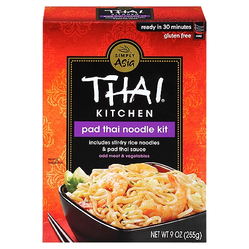 Thai Kitchen Gluten Free Pad Thai Noodle Kit, 9 oz
Put an authentic Pad Thai Noodle dish on the dinner table in no time with Thai Kitchen's Gluten-Free Noodle kit. Just stir-fry the 100% rice noodles with our signature sweet and tangy sauce for a quick, complete meal or put your own spin on dinner by adding veggies or protein. Perfect for Asian food lovers or gluten and dairy-sensitive family members, Thai Kitchen's Original Pad Thai is an easy, delicious Asian classic for any night of the week.

Pad Thai is the classic Thai noodle dish with sweet and tangy notes of tamarind and garlic. Its complex and pleasing flavors make it one of the world's most famous Thai noodle dishes. Now with Thai Kitchen® Pad Thai Noodle Kit, you can prepare this popular noodle dish quickly and easily in your own kitchen. We use only 100% rice noodles and our authentic signature sauce for a traditional Pad Thai just like you would find at your favorite Thai restaurant.