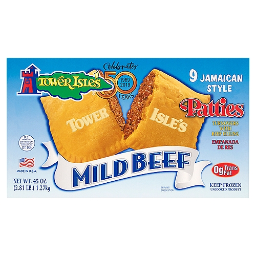 Tower Isle's Jamaican Style Mild Beef Patties, 9 count, 45 oz
Serving Occasions
Tower Isle's Beef Patties offer you, your family and your friends an extremely interesting eating experience. Our patties are perfect for a meal or snack. Serve them any time you would think of a hamburger or slice of pizza. Serve them also with soup, salad or just as they are. Our patties are delicious, nutritious and quick to cook and easy on your pocketbook.

The Golden Dough
Tower Isle's Beef Patties are unique. Our flaky pastry dough is made with the same ingredients used by experienced gourmet cooks and chefs. This dough has a distinctive flavor and golden color imparted by annatto.

The Tasty Filling
Tower Isle's delicious meat filling is precooked and gently simmered in a delicious, spicy sauce. The sauce is prepared with an exclusive blend of international spices. We use quality beef and the filling is prepared under strict USDA supervision and guidelines.