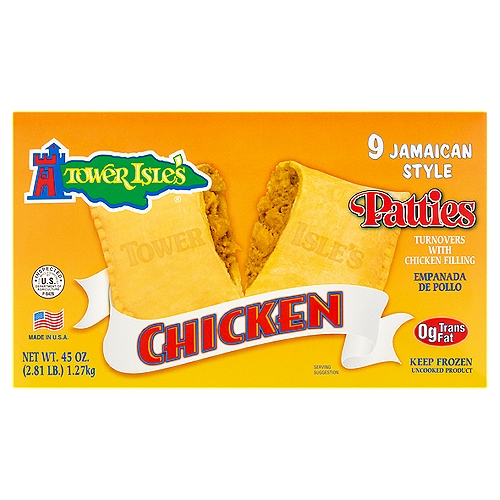 Tower Isle's Jamaican Style Chicken Patties, 9 count, 45 oz
Serving Occasions
Tower Isle's Chicken Patties offer you, your family and your friends an extremely interesting eating experience. Our patties are perfect for a meal or snack. Serve them any time you would think of a hamburger or slice of pizza. Serve them also with soup, salad or just as they are. Our patties are delicious, nutritious and quick to cook and easy on your pocketbook.

The Golden Dough
Tower Isle's Chicken Patties are unique. Our flaky pastry dough is made with the same ingredients used by experienced gourmet cooks and chefs. This dough has a distinctive flavor and golden color imparted by annatto.

The Tasty Filling
Tower Isle's delicious chicken filling is precooked and gently simmered in a delicious, spicy sauce. The sauce is prepared with an exclusive blend of international spices. We use quality chicken and the filling is prepared under strict USDA supervision and guidelines.