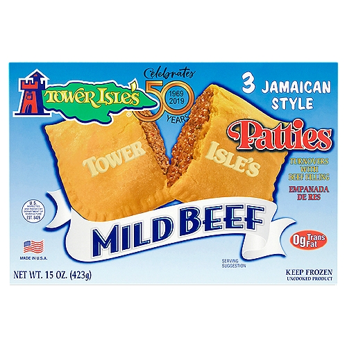 Tower Isle's Jamaican Style Mild Beef Patties, 3 count, 15 oz
Serving Occasions
Tower Isle's Beef Patties offer you, your family and your friends an extremely interesting eating experience. Our patties are perfect for a meal or snack. Serve them any time you would think of a hamburger or slice of pizza. Serve them also with soup, salad or just as they are. Our patties are delicious, nutritious and quick to cook and easy on your pocketbook.

The Golden Dough
Tower Isle's Beef Patties are unique. Our flaky pastry dough is made with the same ingredients used by experienced gourmet cooks and chefs. This dough has a distinctive flavor and golden color imparted by annatto.

The Tasty Filling
Tower Isle's delicious meat filling is precooked and gently simmered in a delicious, spicy sauce. The sauce is prepared with an exclusive blend of international spices. We use quality beef and the filling is prepared under strict USDA supervision and guidelines.