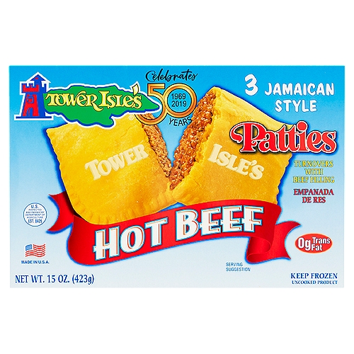 Tower Isle's Jamaican Style Hot Beef Patties, 3 count, 15 oz
Turnovers with Beef Filling

Serving Occasions
Tower Isle's Beef Patties offer you, your family and your friends an extremely interesting eating experience. Our patties are perfect for a meal or snack. Serve them any time you would think of a hamburger or slice of pizza. Serve them also with soup, salad or just as they are. Our patties are delicious, nutritious and quick to cook and easy on your pocketbook.

The Golden Dough
Tower Isle's Beef Patties are unique. Our flaky pastry dough is made with the same ingredients used by experienced gourmet cooks and chefs. This dough has a distinctive flavor and golden color imparted by annatto.

The Tasty Filling
Tower Isle's delicious meat filling is precooked and gently simmered in a delicious, spicy sauce. The sauce is prepared with an exclusive blend of international spices. We use quality beef and the filling is prepared under strict USDA supervision and guidelines.