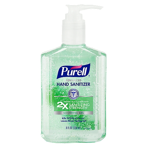 Purell Soothing Gel Hand Sanitizer, 33.8 fl oz
Proven to Kill Germs with 2x Sanitizing Strength¹
Trusted and preferred by healthcare workers²

 Kills 99.99% of germs without damaging skin*
*Kills 99.99% of most common germs that may cause illness.

Drug Facts
Active ingredient - Purpose
Ethyl alcohol 70% v/v - Antimicrobial

Use
• Hand sanitizer to help reduce bacteria on the skin