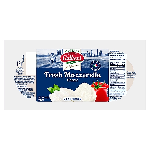 Galbani Fresh Mozzarella Cheese, 1 lb Log
Crafted in the fior di latte tradition

Farmer Certified - rBST-Free Milk*
*No significant difference has been shown between milk derived from cows treated with artificial growth hormones and those not treated with artificial growth hormones.