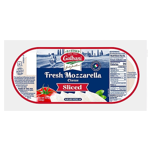 Galbani Pre-Sliced Fresh Mozzarella Cheese, 1 lb
Crafted in the fior di latte tradition

Farmer Certified - rBST-Free Milk*
*No significant difference has been shown between milk derived from cows treated with artificial growth hormones and those not treated with artificial growth hormones.