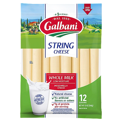 Galbani Whole Milk Low Moisture Mozzarella String Cheese, 12 count, 12 oz
Farmer Certified - rBST-free milk*
*No significant difference has been shown between milk derived from cows treated with artificial growth hormones and those not treated with artificial hormones

Making a great tasting snack!