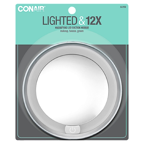 ConAir Magnification 12X LED Lighted Mirror
Conair has everything you need for beautiful hair. The Conair LED lighted mirror offers 12x magnification with all around lighting for perfect makeup application, precise tweezing and detailed grooming. The lighted mirror has a large suction cup that attaches to any smooth surface.

Compact enough for travel and on-the-go grooming.

Battery operated - 3 AAA batteries (batteries not included)

LED light = 5,000 hours