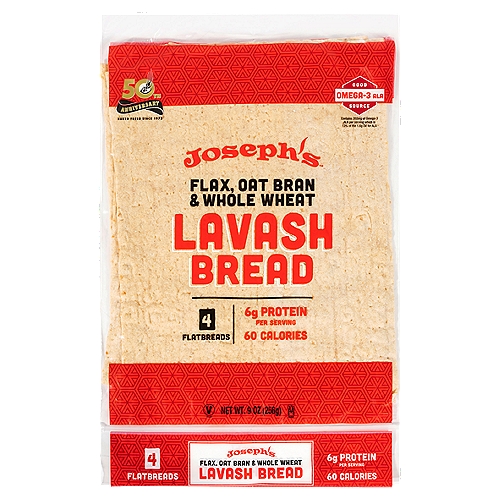 Joseph's Flax, Oat Bran & Whole Wheat Lavash Bread, 4 count, 9 oz
Good Source Omega-3 ALA
Contains 202mg of omega-3 ALA per serving which is 13% of the 1.6 DV for ALA

Counting Carbs?
Remember to subtract the fiber!
8g Total Carbs
-2g Dietary Fiber
6g Net Carbs*
*Net Carbs Can Be Entered Into a Food Tracking Calculator or App