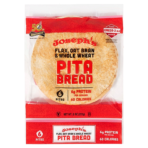 Joseph's Flax, Oat Bran & Whole Wheat Pita Bread, 6 count, 8 oz
Contains 234mg of omega-3 ALA per serving which is 15% of the 1.6g DV for ALA

Counting Carbs?
Remember to subtract the fiber!
9g Total Carbs
-2g Dietary Fiber
7g Net Carbs*
*Net Carbs Can Be Entered Into a Food Tracking Calculator or App