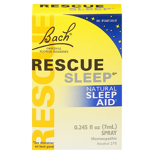 Bach Rescue Sleep Original Flower Remedies Homeopathic Spray, 0.245 fl oznRescue Sleep®*n*Claims based on traditional homeopathic practice, not accepted medical evidence. Not FDA evaluated.nnNatural Sleep Aid†n†Natural active ingredientsnnActive ingredients - PurposenEach 5x (HPUS)nWhite chestnut (aesculus hippocastanum) - Relief from repetitive thoughtsnRock rose (helianthemum nummularium) - Courage and presence of mindnClematis (clematis vitalba) - Focus when ungroundednImpatiens (impatiens glandulifera) - Patience with problems and peoplenCherry plum (prunus cerasifera) - Balanced mind when losing controlnStar of bethlehem (ornithogalum umbellatum) - Softens impact of shocknnTrusted Worldwide for GenerationsnRescue Sleep® Spray is non-narcotic and non-habit forming to help provide relief from occasional sleeplessness caused by stress and repetitive thoughts.