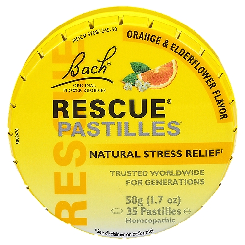 Bach Rescue Original Flower Remedies Orange & Elderflower Flavor Pastilles, 35 count, 1.7 oznOriginal Flower Remedies Orange & Elderflower Flavor Homeopathic PastillesnnNatural Stress Relief†n†Natural active ingredients.nnPastilles*n*Claims based on traditional homeopathic practice, not accepted medical evidence. Not FDA evaluated.nnUses: For relief of occasional stress.