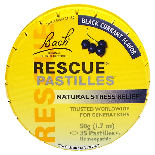 Bach Rescue Black Currant Flavor Pastilles, 35 count, 1.7 oznNatural Stress Relief†n†Natural active ingredientsnnPastilles*n*Claims based on traditional homeopathic practice, not accepted medical evidence. Not FDA evaluated.nnUses: For relief of occasional stress.