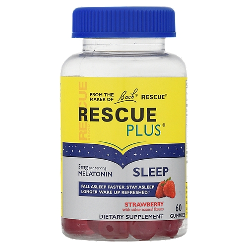 Bach Rescue Plus Sleep Melatonin Strawberry Dietary Supplement, 60 count
From the Maker of Bach® Rescue®

Rescue Plus® Sleep Gummy with melatonin helps promote a healthy sleep cycle, so you can fall asleep faster, stay asleep longer & wake up refreshed*.
*These statements have not been evaluated by the Food and Drug Administration. This product is not intended to diagnose, treat, cure or prevent any disease.