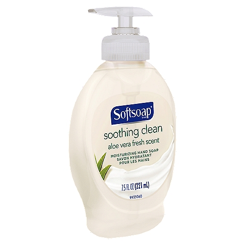 Softsoap Liquid Hand Soap Pump, Soothing Aloe Vera - 7.5 Fluid Ounce
Give your hands the soothing experience of Softsoap Liquid Hand Soap, Soothing Aloe Vera, to keep your hands feeling moisturized and clean. Wash away dirt and bacteria with Softsoap liquid hand soap gentle cleansing formula. At the sink or in your shower, enjoy delightful Softsoap brand product fragrances. Surprise your skin. Wow your senses. (The U.S. Center for Disease Control and Prevention states that keeping hands clean is one of the most important steps we can take. It is best to wash hands with soap and clean running water for 20 seconds.)

liquid hand soap, hand soap, hand soap pump, hand soap refill, kitchen hand soap, bathroom hand soap, scented hand soap, gentle hand soap, best hand soap, aloe vera hand soap, moisturizing hand soap, handsoap, hand wash, best, hydrating, nice smell, protection, colds, virus, sensitive skin, allergies, non-irritating, bar soap, non-drying, easy rinse, illness, infection, lather, environmentally friendly, value, quality, premium, safe, children, kids, schools, fresh scent, lightly scented, value, dry skin, soothing, moisturizing, refillable

Our soothing hand soap, with the fresh scent of aloe vera, keeps your hands feeling clean and moisturized.