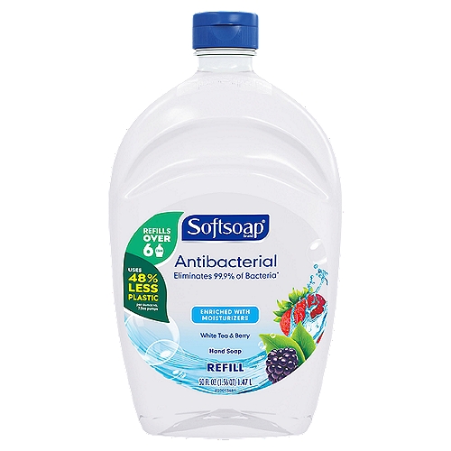 Softsoap Antibacterial Liquid Hand Soap, White Tea & Berry is clinically proven to eliminate 99.9% of bacteria (in a handwashing test vs. the following common harmful bacteria: s. Aureus & E. coli). Softsoap is America's #1 Liquid Hand Soap brand, trusted to clean your hands since 1975.nnhandsoap, hand wash, handwashing, business, best, hydrating, nice smell, protection, non-irritating, bar soap, non-drying, easy rinse, infection, lather, environmentally friendly, value, quality, premium, safe, children, kids, schools, fresh scent, lightly scented, fragrance, large size, antibacterial, AB, antibacnnDrug FactsnActive ingredient - PurposenBenzalkonium chloride 0.13% - AntibacterialnnUsenHelps eliminate bacteria on hands