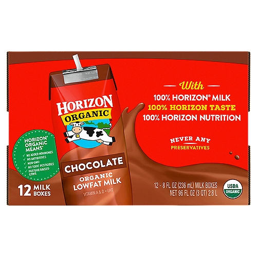 Take the organic goodness of Horizon milk on-the-go with Horizon Organic UHT 1% lowfat Chocolate Milk Boxes. Great as a lunchbox stuffer or snack, these single-serve milk boxes offer a wholesome alternative to juice boxes. Each milk box provides many nutrients, including vitamin A, vitamin D, and 8 grams of protein. And thanks to their special packaging, these shelf-stable milk boxes lock in delicious taste without refrigeration.
More than 20 years ago, we became the first company to supply organic milk nationwide—and we've remained committed to the organic movement ever since. Our USDA Certified Organic products are made with non-GMO ingredients, from cows that are given no antibiotics, no persistent pesticides, and no added hormones.* We strive to do good by our cows, too: they spend much of their time out in the pasture where they feel most at home, and graze on a diet that includes organic grass. It's all part of our commitment to making better choices for ourselves, our cows, and our planet. *No significant difference has been shown between milk from rbST-treated & non rbST-treated cows.