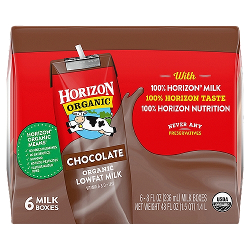 Horizon Organic Chocolate Lowfat Milk, 8 fl oz, 6 count
Take the organic goodness of Horizon milk on-the-go with Horizon Organic UHT 1% lowfat Chocolate Milk Boxes. Great as a lunchbox stuffer or snack, these single-serve milk boxes offer a wholesome alternative to juice boxes. Each milk box provides many nutrients, including vitamin A, vitamin D, and 8 grams of protein. And thanks to their special packaging, these shelf-stable milk boxes lock in delicious taste without refrigeration.
More than 20 years ago, we became the first company to supply organic milk nationwide—and we've remained committed to the organic movement ever since. Our USDA Certified Organic products are made with non-GMO ingredients, from cows that are given no antibiotics, no persistent pesticides, and no added hormones.* We strive to do good by our cows, too: they spend much of their time out in the pasture where they feel most at home, and graze on a diet that includes organic grass. It's all part of our commitment to making better choices for ourselves, our cows, and our planet. *No significant difference has been shown between milk from rbST-treated & non rbST-treated cows.