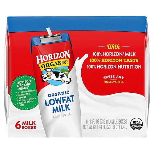 Horizon Organic Lowfat Milk, 8 fl oz, 6 count
Take the organic goodness of Horizon milk on-the-go with Horizon Organic UHT 1% lowfat Plain Milk Boxes. Great as a lunchbox stuffer or snack, these single-serve milk boxes offer a wholesome alternative to juice boxes. Each milk box provides many nutrients, including vitamin A, vitamin D, and 8 grams of protein. And thanks to their special packaging, these shelf-stable milk boxes lock in delicious taste without refrigeration.
More than 20 years ago, we became the first company to supply organic milk nationwide—and we've remained committed to the organic movement ever since. Our USDA Certified Organic products are made with non-GMO ingredients, from cows that are given no antibiotics, no persistent pesticides, and no added hormones.* We strive to do good by our cows, too: they spend much of their time out in the pasture where they feel most at home, and graze on a diet that includes organic grass. It's all part of our commitment to making better choices for ourselves, our cows, and our planet. *No significant difference has been shown between milk from rbST-treated & non rbST-treated cows.
