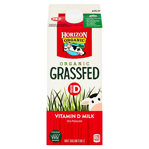 Horizon Organic Grassfed Vitamin D Milk, half gallon
Organic Means
• Non GMO
• No Antibiotics
• No Persistent Pesticides
• No Added Hormones*
• Pasture-Raised**
*No Significant Difference Has Been Shown Between Milk from rBST-Treated & Non rBST-Treated Cows.
**Per National Organic Program Regulations