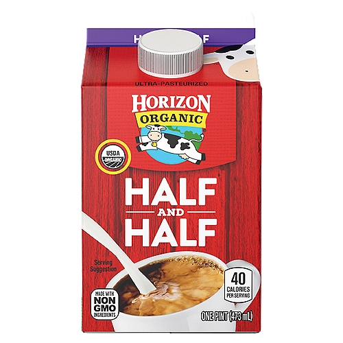 Horizon Organic Half and Half, 1 pint
Treat yourself to a delicious splash of creamy goodness with Horizon Organic Half & Half. Irresistibly smooth and rich, this organic half & half tastes great in coffee, tea, or Italian soda. It also makes a delicious addition to soups, baked goods, and other favorite recipes.
More than 20 years ago, we became the first company to supply organic milk nationwide—and we've remained committed to the organic movement ever since. Our USDA Certified Organic products are made with non-GMO ingredients, from cows that are given no antibiotics, no persistent pesticides, and no added hormones.* We strive to do good by our cows, too: they spend much of their time out in the pasture where they feel most at home, and graze on a diet that includes organic grass. It's all part of our commitment to making better choices for ourselves, our cows, and our planet. *No significant difference has been shown between milk from rbST-treated & non rbST-treated cows.