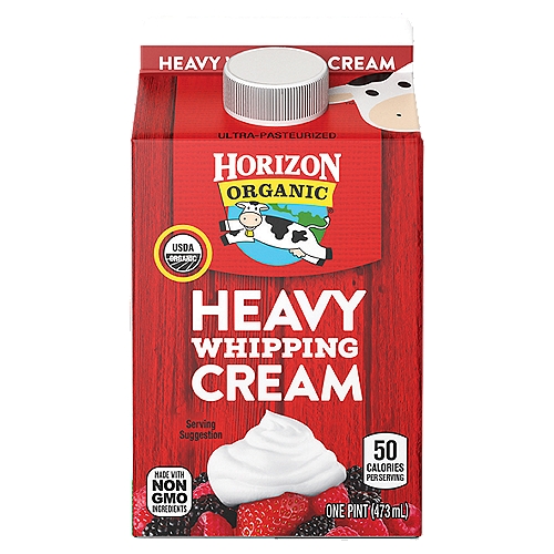 Horizon Organic Heavy Whipping Cream, 1 pint
Take your favorite recipes to new heights with Horizon Organic Heavy Whipping Cream. This delicious heavy whipping cream whips beautifully to make a deliciously fluffy topping or drizzle it into your soups for an infusion of rich, creamy flavor. It's also wonderful in homemade ice cream and classic baked goods.
More than 20 years ago, we became the first company to supply organic milk nationwide—and we've remained committed to the organic movement ever since. Our USDA Certified Organic products are made with non-GMO ingredients, from cows that are given no antibiotics, no persistent pesticides, and no added hormones.* We strive to do good by our cows, too: they spend much of their time out in the pasture where they feel most at home, and graze on a diet that includes organic grass. It's all part of our commitment to making better choices for ourselves, our cows, and our planet. *No significant difference has been shown between milk from rbST-treated & non rbST-treated cows.