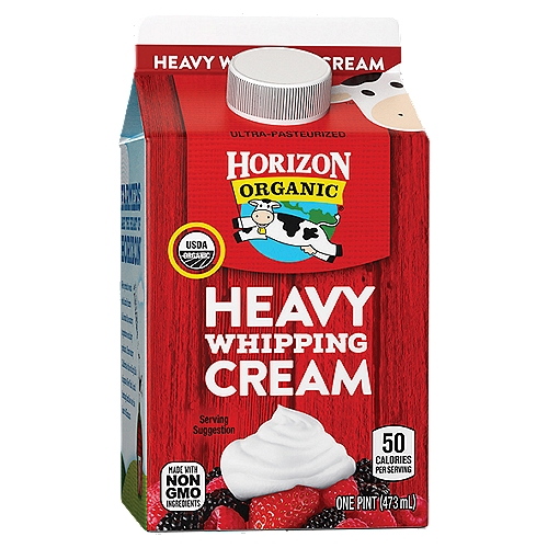 Horizon Organic Heavy Whipping Cream, 1 pint
Take your favorite recipes to new heights with Horizon Organic Heavy Whipping Cream. This delicious heavy whipping cream whips beautifully to make a deliciously fluffy topping or drizzle it into your soups for an infusion of rich, creamy flavor. It's also wonderful in homemade ice cream and classic baked goods.
More than 20 years ago, we became the first company to supply organic milk nationwide—and we've remained committed to the organic movement ever since. Our USDA Certified Organic products are made with non-GMO ingredients, from cows that are given no antibiotics, no persistent pesticides, and no added hormones.* We strive to do good by our cows, too: they spend much of their time out in the pasture where they feel most at home, and graze on a diet that includes organic grass. It's all part of our commitment to making better choices for ourselves, our cows, and our planet. *No significant difference has been shown between milk from rbST-treated & non rbST-treated cows.