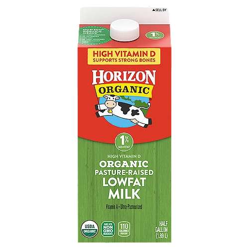 Horizon Organic Pasture-Riased Lowfat Milk, half gallon
Treat your family to the cold, creamy goodness of Horizon Organic 1% lowfat Milk with High Vitamin D. Rich, delicious taste isn't the only thing that makes this 1% milk special: it's also wonderfully wholesome and made to meet the highest USDA Organic standards. Each serving provides many nutrients, including calcium, vitamin A, and 8 grams of protein. Plus, this organic milk delivers 50% more vitamin D per serving than conventional lowfat milk,** helping support strong bones.

 **Horizon Organic lowfat Milk has 4.5 mcg and 25% vitamin D (this is 10% more of the daily value). Typical whole milk has 2.5 mcg and 15% vitamin D. USDA National Nutrient Database for Standard Reference, release 28. Data consistent with typical lowfat milk.
More than 20 years ago, we became the first company to supply organic milk nationwide—and we've remained committed to the organic movement ever since. Our USDA Certified Organic products are made with non-GMO ingredients, from cows that are given no antibiotics, no persistent pesticides, and no added hormones.* We strive to do good by our cows, too: they spend much of their time out in the pasture where they feel most at home, and graze on a diet that includes organic grass. It's all part of our commitment to making better choices for ourselves, our cows, and our planet. *No significant difference has been shown between milk from rbST-treated & non rbST-treated cows.