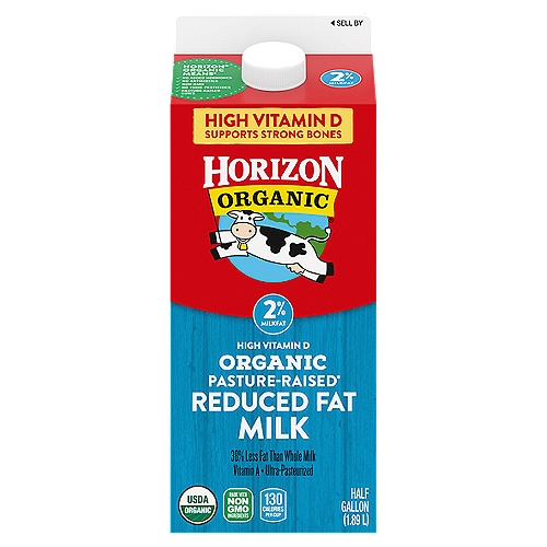 Horizon Organic Pasture-Raised Reduced Fat Milk, half gallon
Treat your family to the cold, creamy goodness of Horizon Organic 2% Reduced Fat Milk with High Vitamin D. Rich, delicious taste isn't the only thing that makes this 2% milk special: it's also wonderfully wholesome and made to meet the highest USDA Organic standards. Each serving provides many nutrients, including calcium, vitamin A, and 8 grams of protein. Plus, this organic milk delivers 50% more vitamin D per serving than conventional reduced fat milk,** helping support strong bones. 

 **Horizon Organic Reduced Fat Milk has 4.5 mcg and 25% vitamin D (this is 10% more of the daily value). Typical reduced fat milk has 2.5 mcg and 15% vitamin D. USDA National Nutrient Database for Standard Reference, release 28. Data consistent with typical reduced fat milk.
More than 20 years ago, we became the first company to supply organic milk nationwide—and we've remained committed to the organic movement ever since. Our USDA Certified Organic products are made with non-GMO ingredients, from cows that are given no antibiotics, no persistent pesticides, and no added hormones.* We strive to do good by our cows, too: they spend much of their time out in the pasture where they feel most at home, and graze on a diet that includes organic grass. It's all part of our commitment to making better choices for ourselves, our cows, and our planet. *No significant difference has been shown between milk from rbST-treated & non rbST-treated cows.