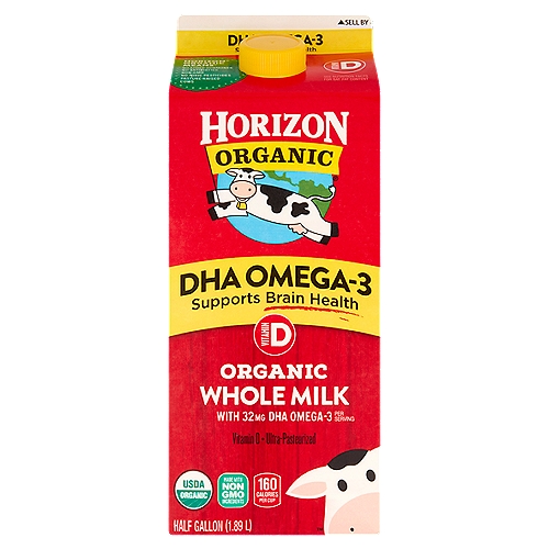 Horizon Organic DHA Omega-3 Whole Milk, half gallon
Horizon® Organic Means*
✓ No added hormones
✓ No antibiotics
✓ Non-GMO
✓ No toxic pesticides
✓ Pasture-raised cows

life'sDHA™
Healthy brain, eyes, heart

Organic Makes All the Difference
Pasture-Raised
Horizon® cows spend at least 120 days grazing on pasture each year. They eat organic, with no GMOs, antibiotics or added hormones.

Hooray! for Our Farmers
From sunny California to the rolling hills of New York, organic family farms are the heart of Horizon.

Less than 6% of all milk is USDA certified organic†
(But we wouldn't do it any other way)

Caring for the Earth
Organic certification requires farming the land without toxic pesticides.*
*Organic rules prohibit the use of pesticides that are harmful to human health
†USDA AMS, estimated U.S. 2018 fluid milk sales

Get DHA the Easy Way
Every 8-ounce glass of Horizon® DHA Omega-3 serves up 32mg of this important nutrient. We use only sustainable, vegetarian DHA — never fish oil.