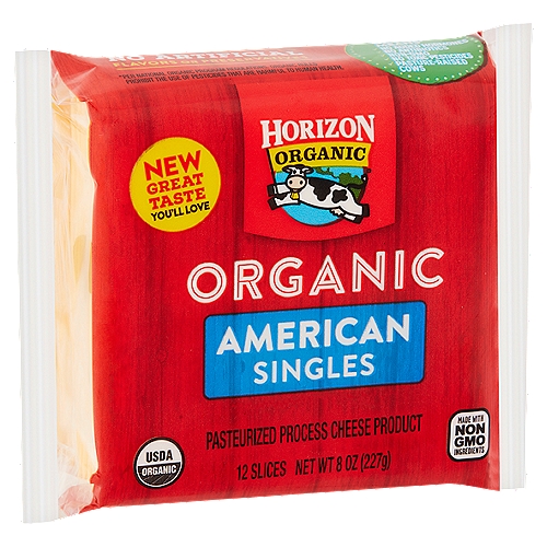 Horizon Organic American Singles Pasteurized Process Cheese Product, 12 count, 8 oz
Horizon® Organic Means*
✓ No Added Hormones
✓ No Antibiotics
✓ Non-GMO
✓ No Toxic Pesticides
✓ Pasture-Raised Cows
*Per National Organic Program Regulations. Organic Rules Prohibit the Use of Pesticides that Are Harmful to Human Health.