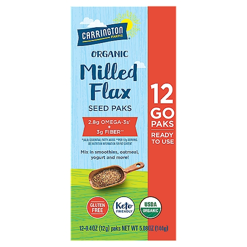 Carrington Farms Organic Milled Flax Seed Paks, 0.4 oz, 12 count
2.8g Omega-3s* + 3g Fiber**
*(ALA) Essential Fatty Acids **per 12g Serving

Goodness to Go
No need to scoop or measure. These handy little paks are ready to go where you go. So grab a pak and take to the hills, gym or office. It's easy to get your daily dose of goodness on the go.
