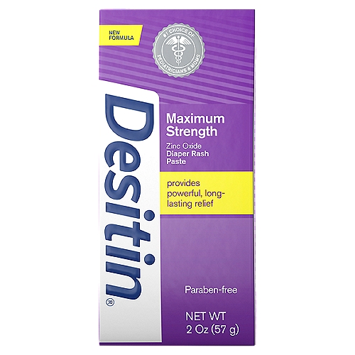 Desitin Maximum Strength Zinc Oxide Diaper Rash Paste, 2 oz
The rich, thick formula of Desitin® Maximum Strength contains the maximum level of zinc oxide to immediately form a barrier to promote healing and soothe rash discomfort. This paraben-free formula is also dermatologist-tested. It provides powerful, long-lasting relief for your baby's tender skin, making Desitin® Maximum Strength your trusted partner for treating diaper rash.

Uses
• helps treat and prevent diaper rash
• protects chafed skin due to diaper rash and helps seal out wetness

Drug Facts
Active ingredient - Purpose
Zinc Oxide 40% - Skin protectant