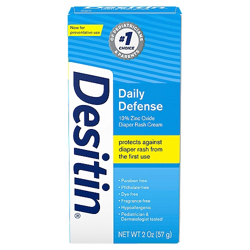 Desitin Daily Defense 13% Zinc Oxide Diaper Rash Cream, 2 oz
Uses
• helps treat and prevent diaper rash
• protects chafed skin due to diaper rash and helps seal out wetness

Drug Facts
Active ingredient - Purpose
Zinc oxide 13% - Skin protectant