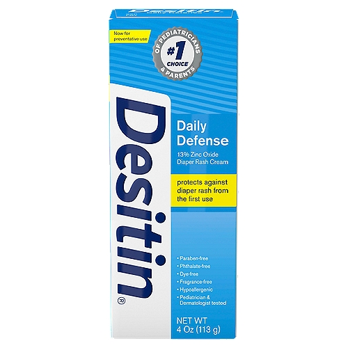 Desitin Daily Defense 13% Zinc Oxide Diaper Rash Cream, 4 oz
9/10 parents agree Desitin® Daily Defense works at the first hint of rash

Uses
• helps treat and prevent diaper rash
• protects chafed skin due to diaper rash and helps seal out wetness

Drug Facts
Active ingredient - Purpose
Zinc Oxide 13% - Skin protectant